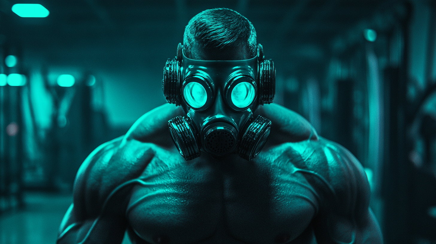 Cyberpunk gym hero with glowing teal eyes