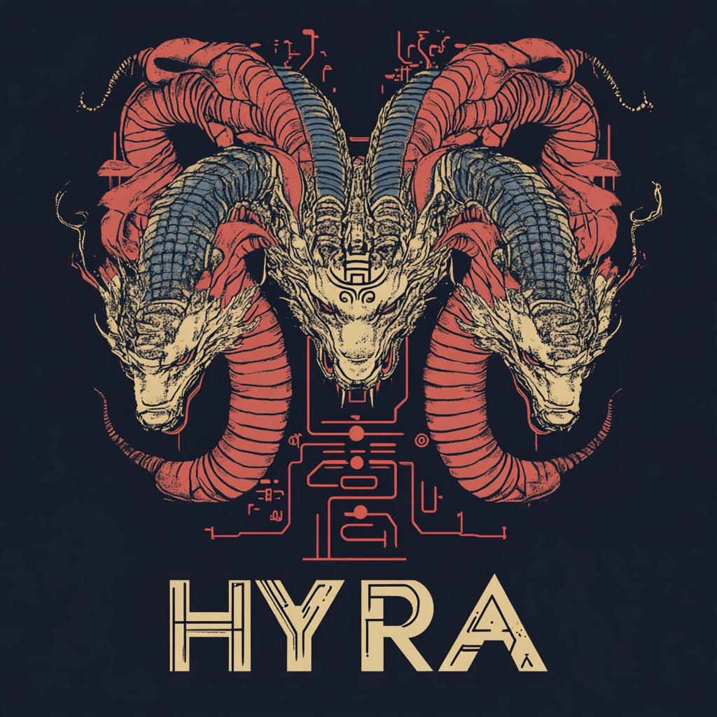 Cyberpunk hydra with Japanese woodblock elements logo design.