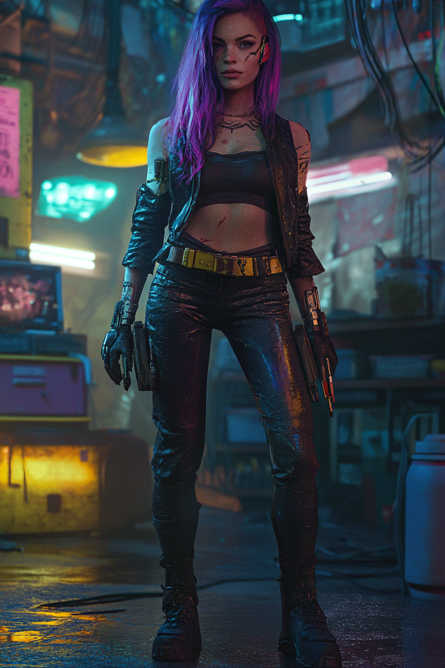 Cyberpunk mechanic girl in lit garage.