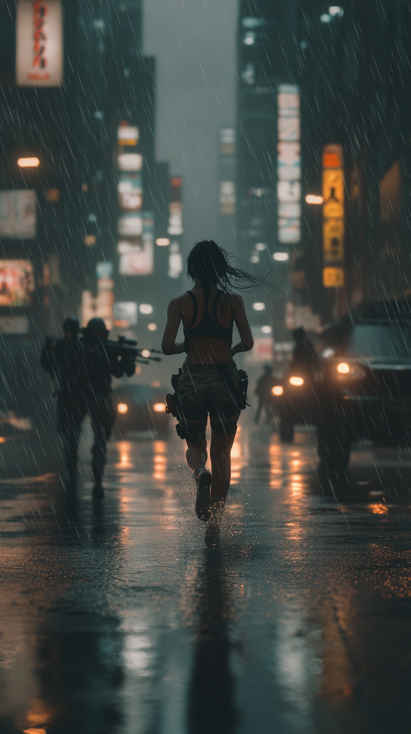 Cyberpunk neo-Tokyo with teenage girl running from swat.