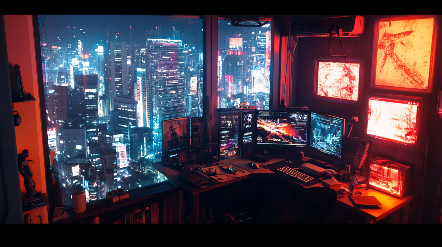 Cyberpunk room in high-rise overlooking futuristic cityscape