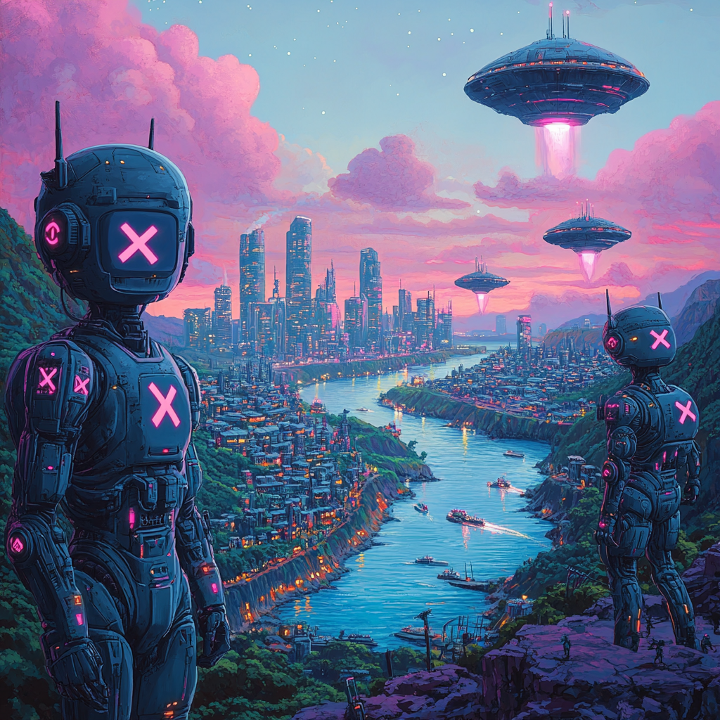 Cyborg Army with X Symbols and UFOs in Techno City