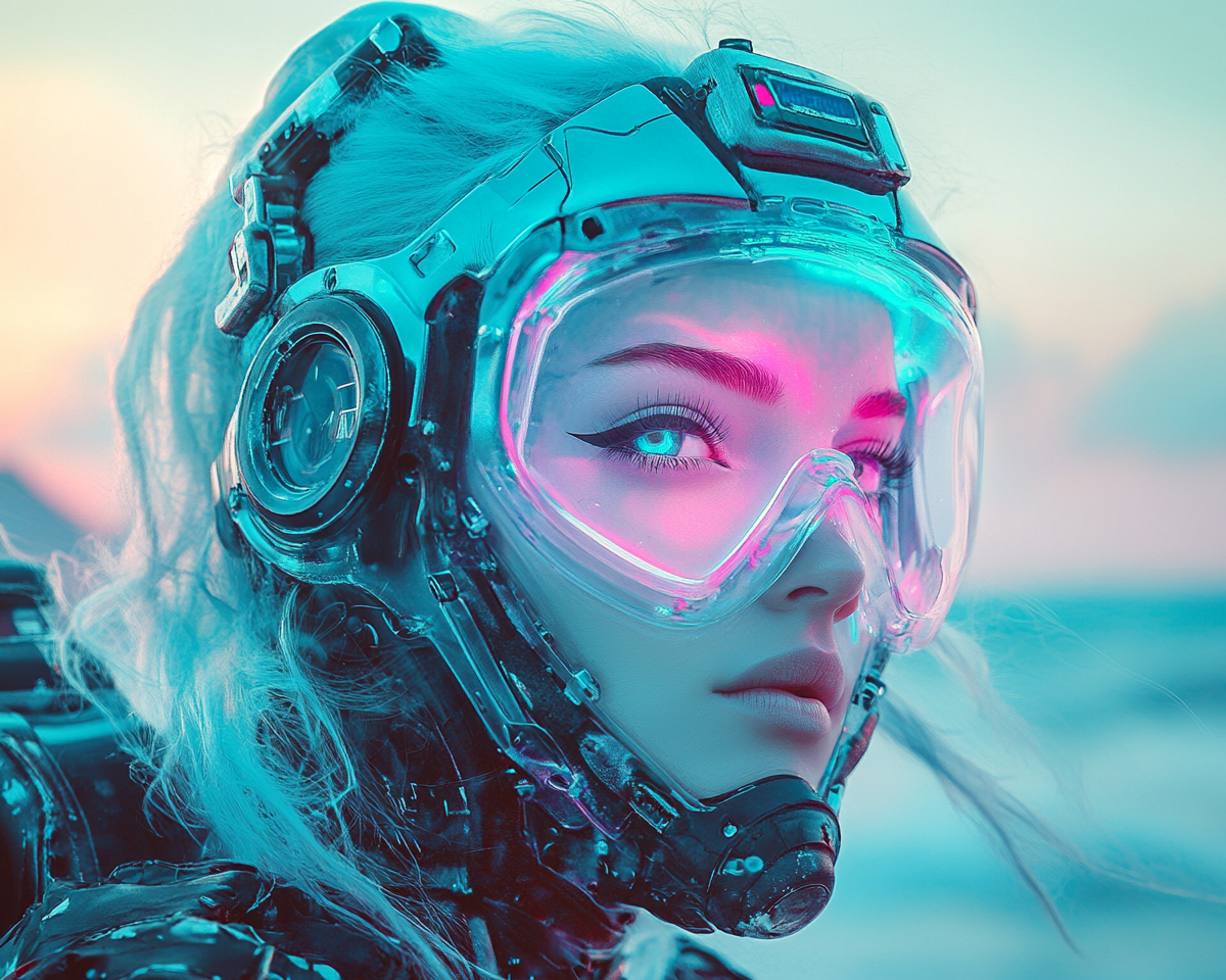 Cyborg Woman Diver Waiting By Sea 