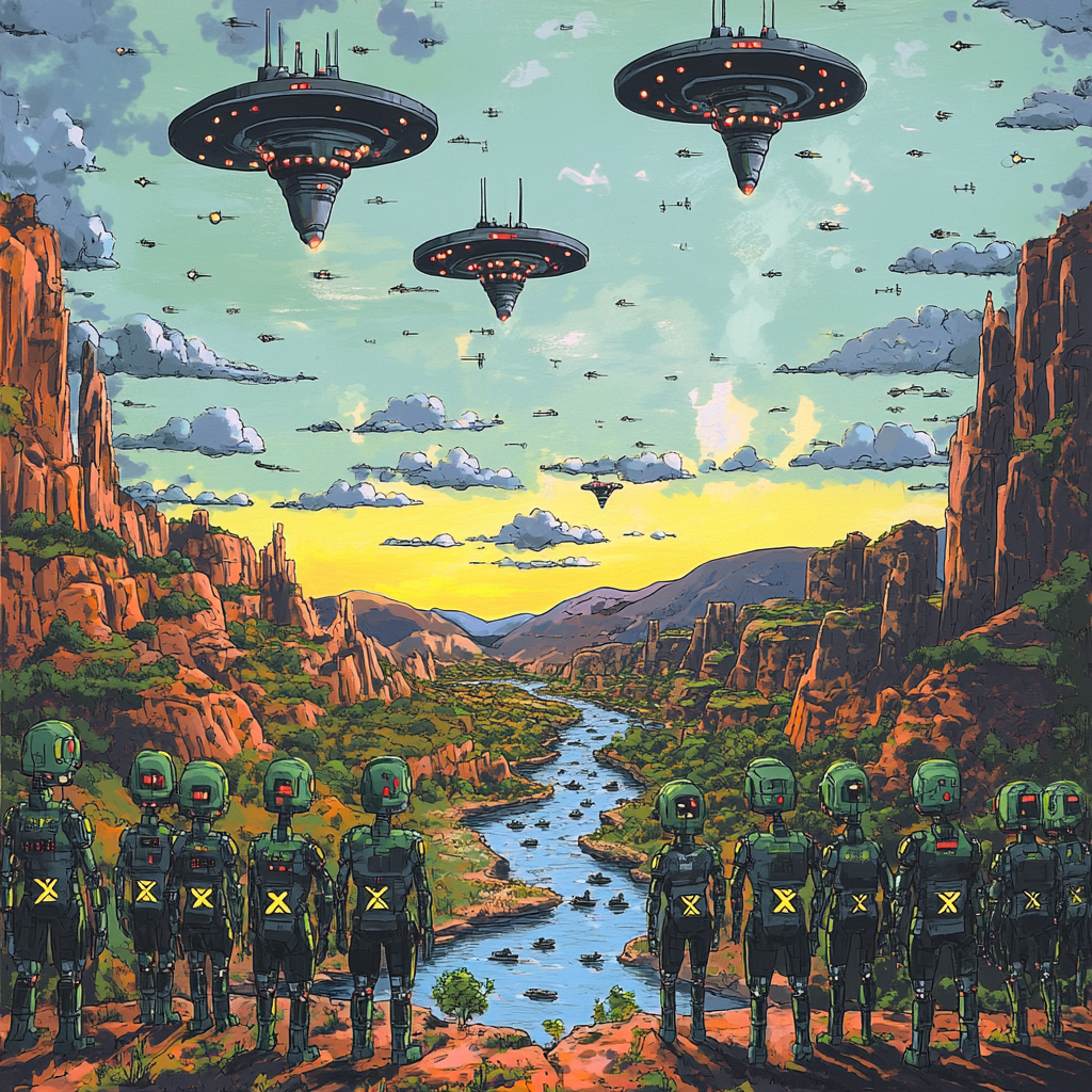 Cyborg army with X symbols, UFOs, merging rivers