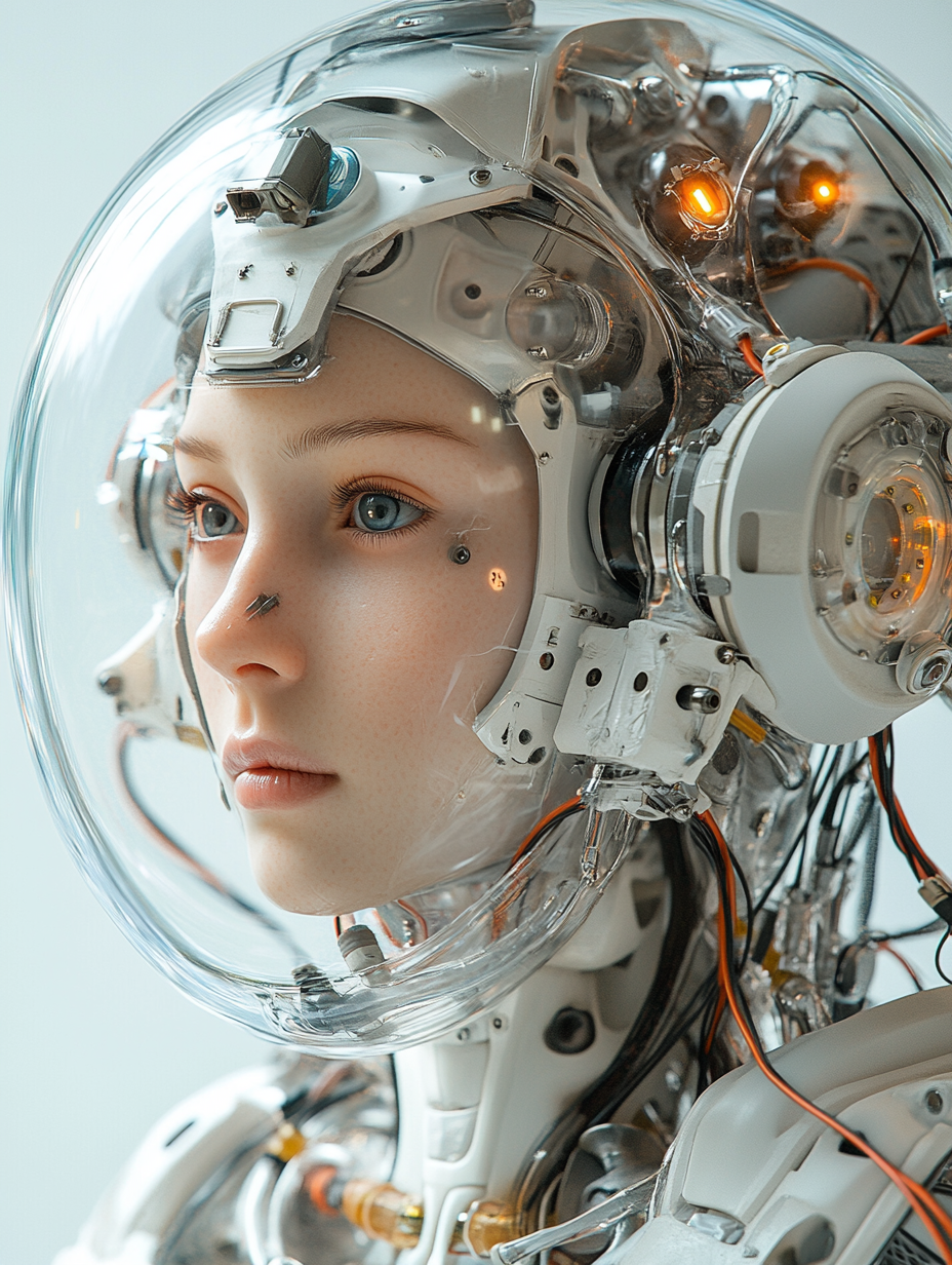 Cyborg astronaut woman's head connected to robotic body