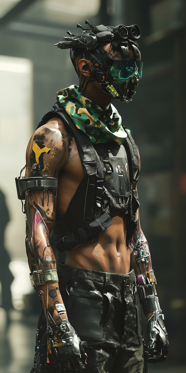 Cyborg gang member in camo plastic, sensors and bandana.