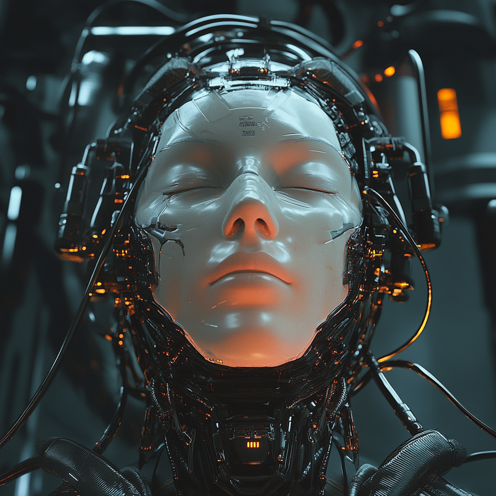 Cyborg head with closed eyes, tech cables, dark background.