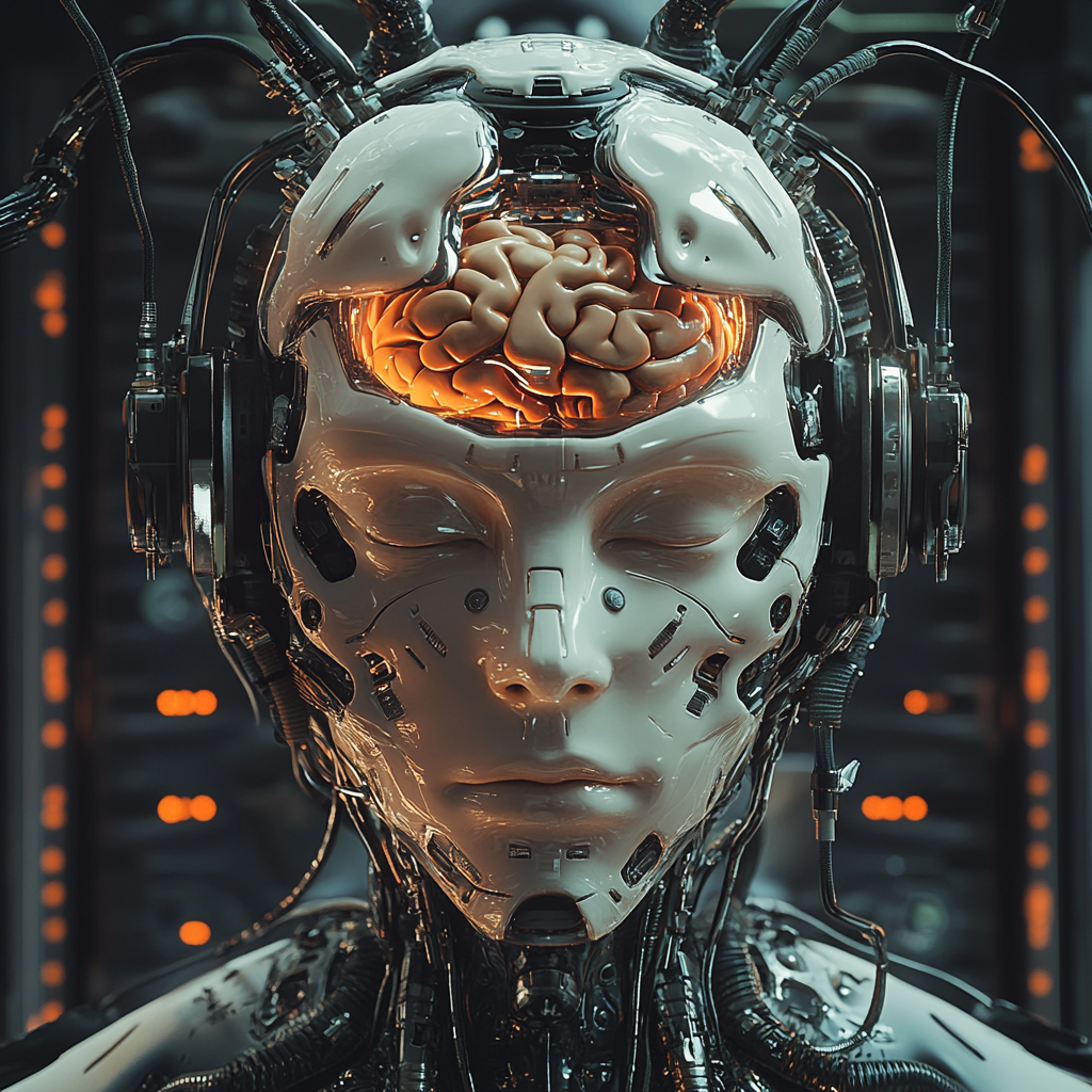 Cyborg head with closed eyes, transparent top, mechanical brain.