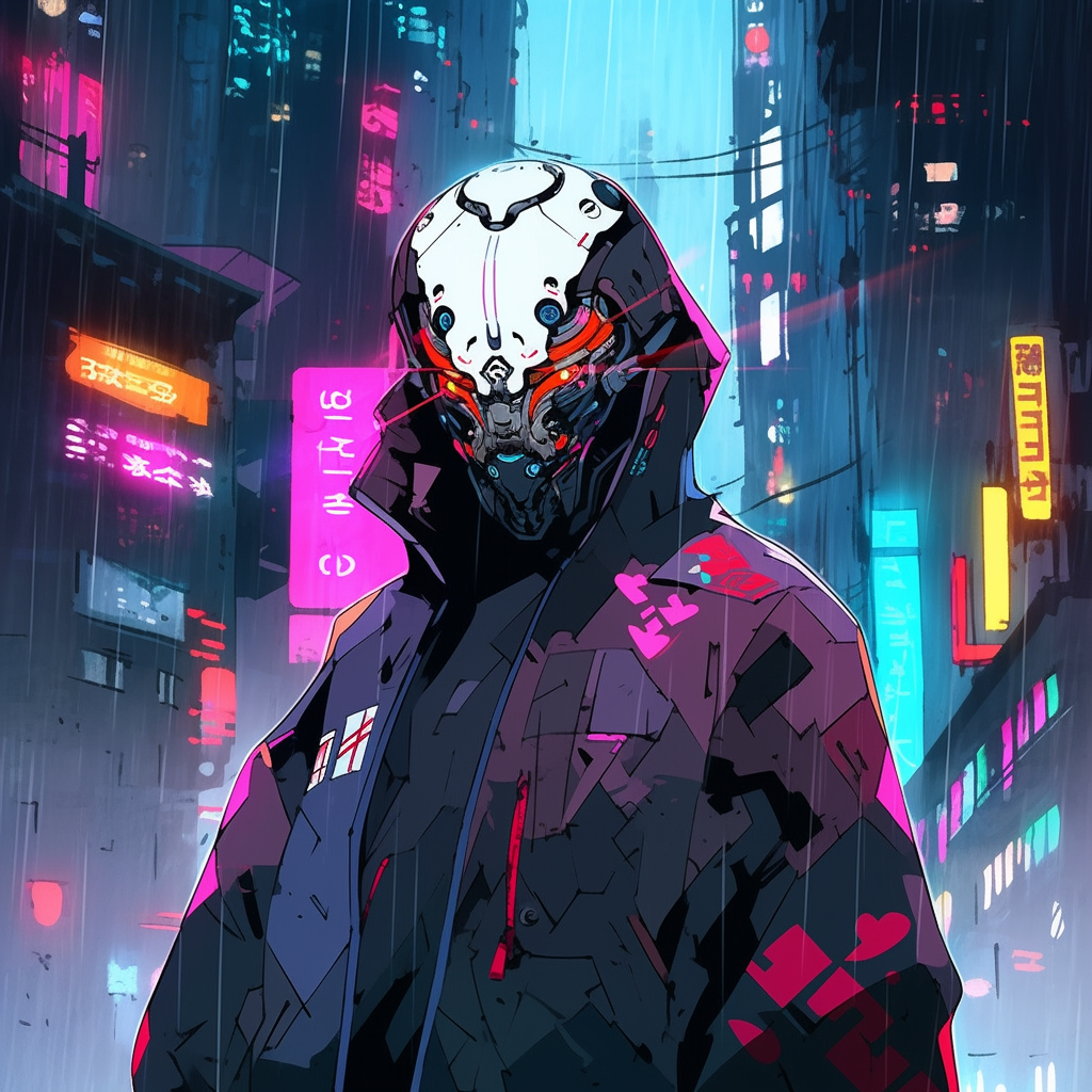 Cyborg man in akatsuki jacket standing in neon rain.