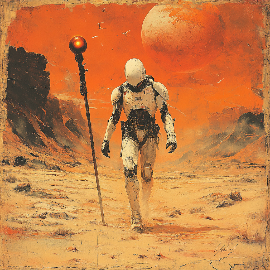 Cyborg trekking desert landscape with glowing orb staff