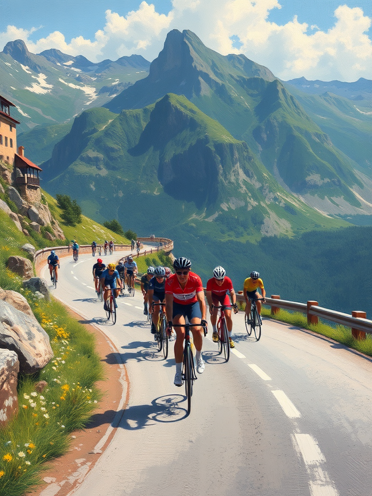 Cycling athletes on mountain road, painted in summer.