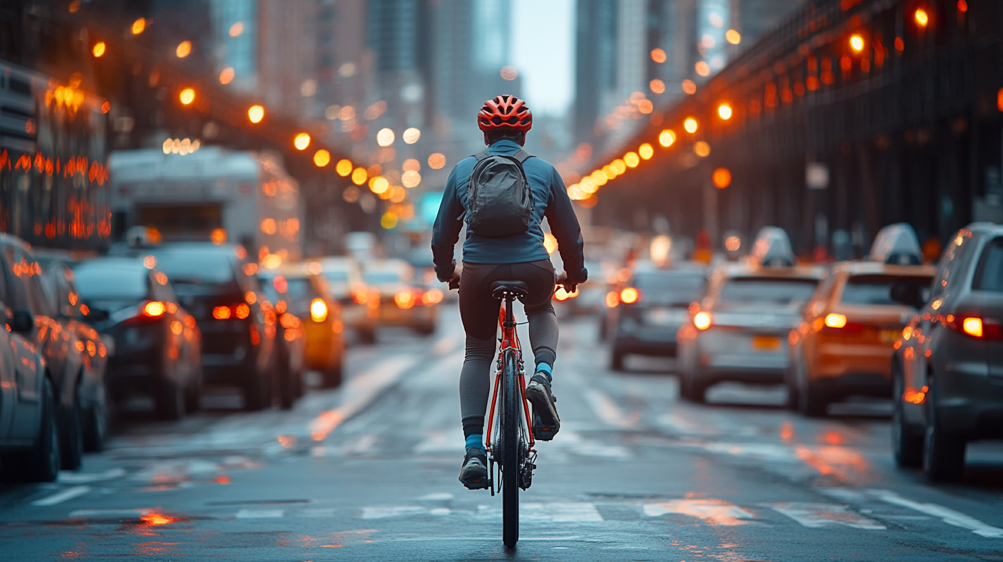 Cyclist rides bike through busy city during rush hour