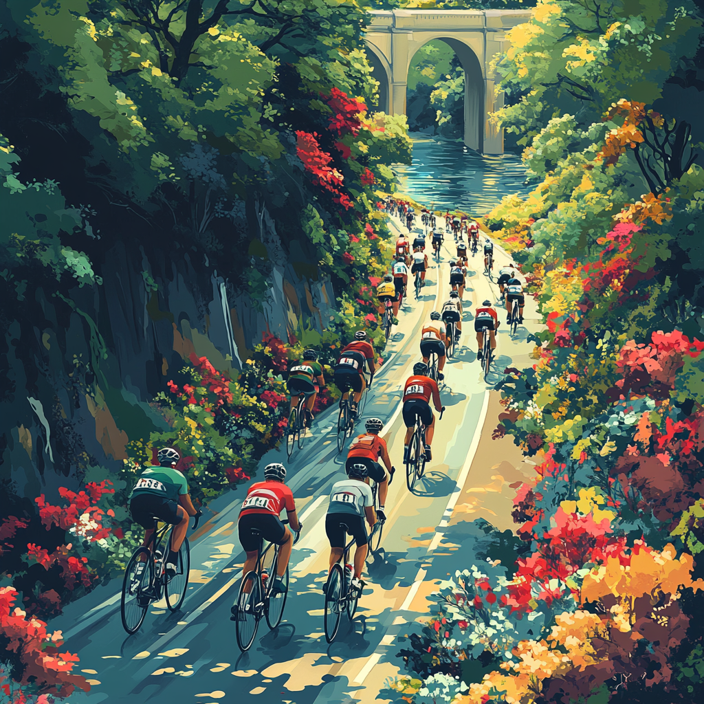 Cyclists ride happily through city with nature surrounds