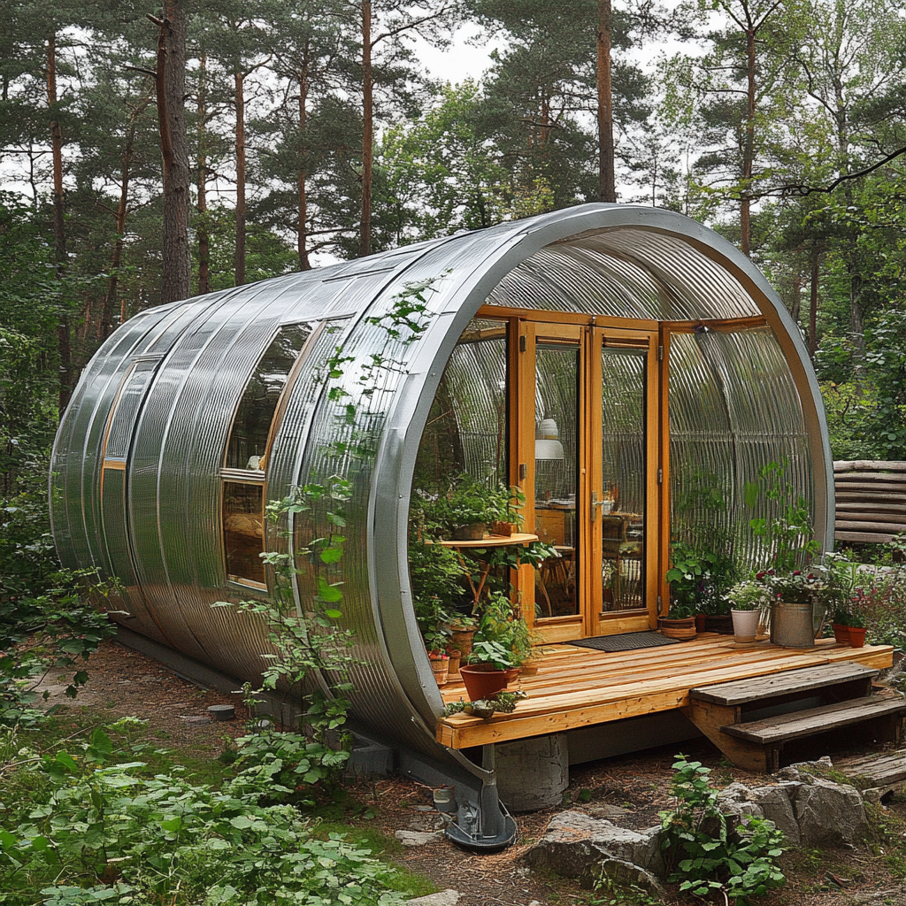 Cylinder house with ridged transparent plastic roofing, metal, wood.