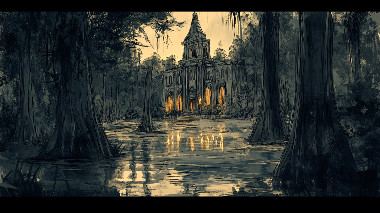 Cypress swamp meets cathedral wedding scene concept art.