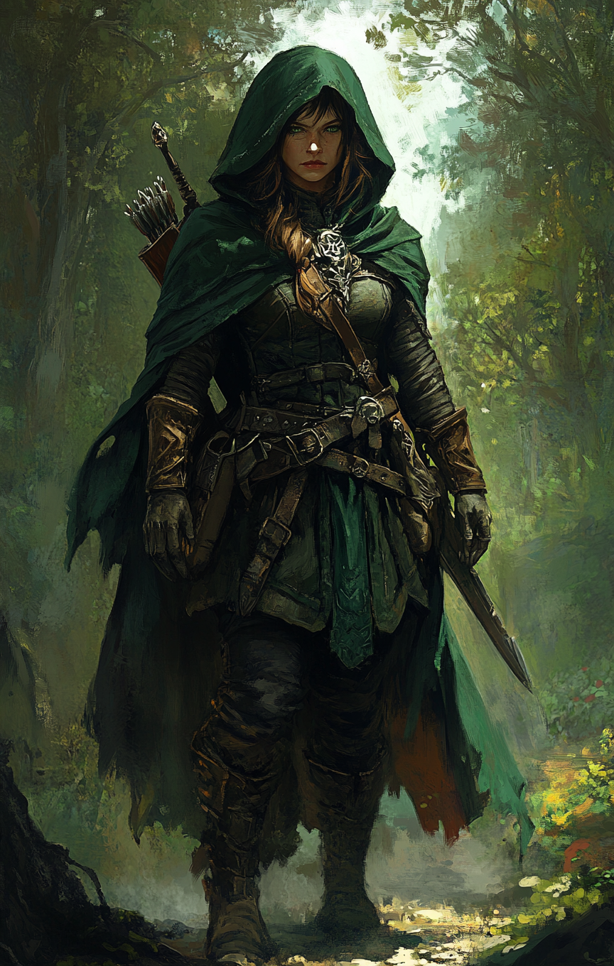 D&D rogue in green cloak, forest background, Witcher style.