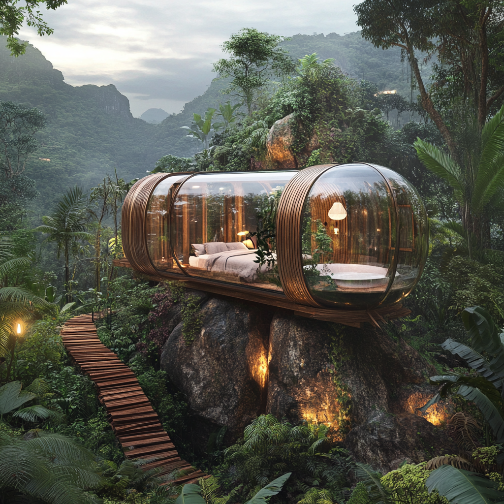 DIY wood cylinder house on rock in Brazilian jungle.