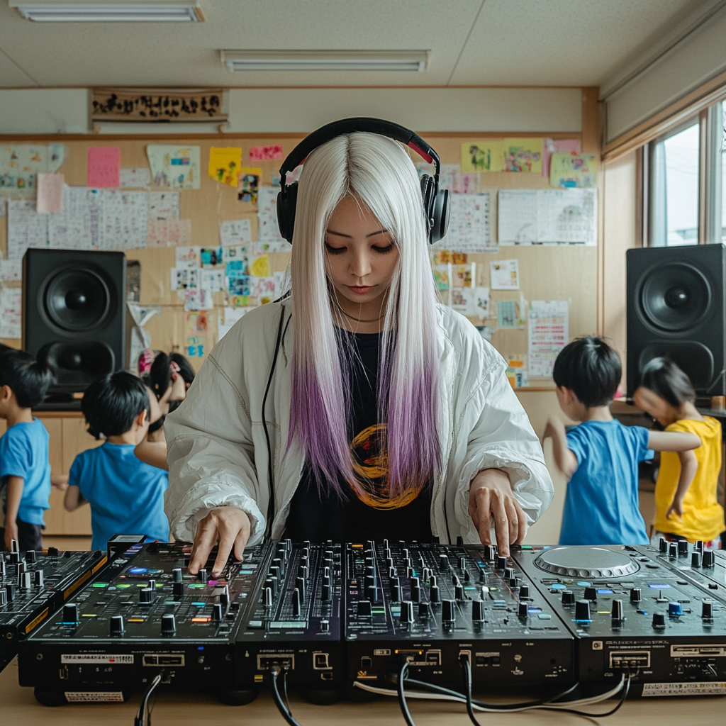 DJ Japanese Woman Spinning Music for Happy Children