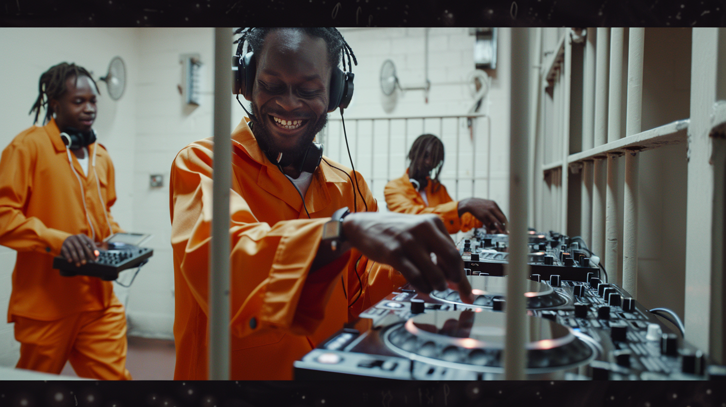 DJ prisoner spinning tunes in jail cell, smiling 