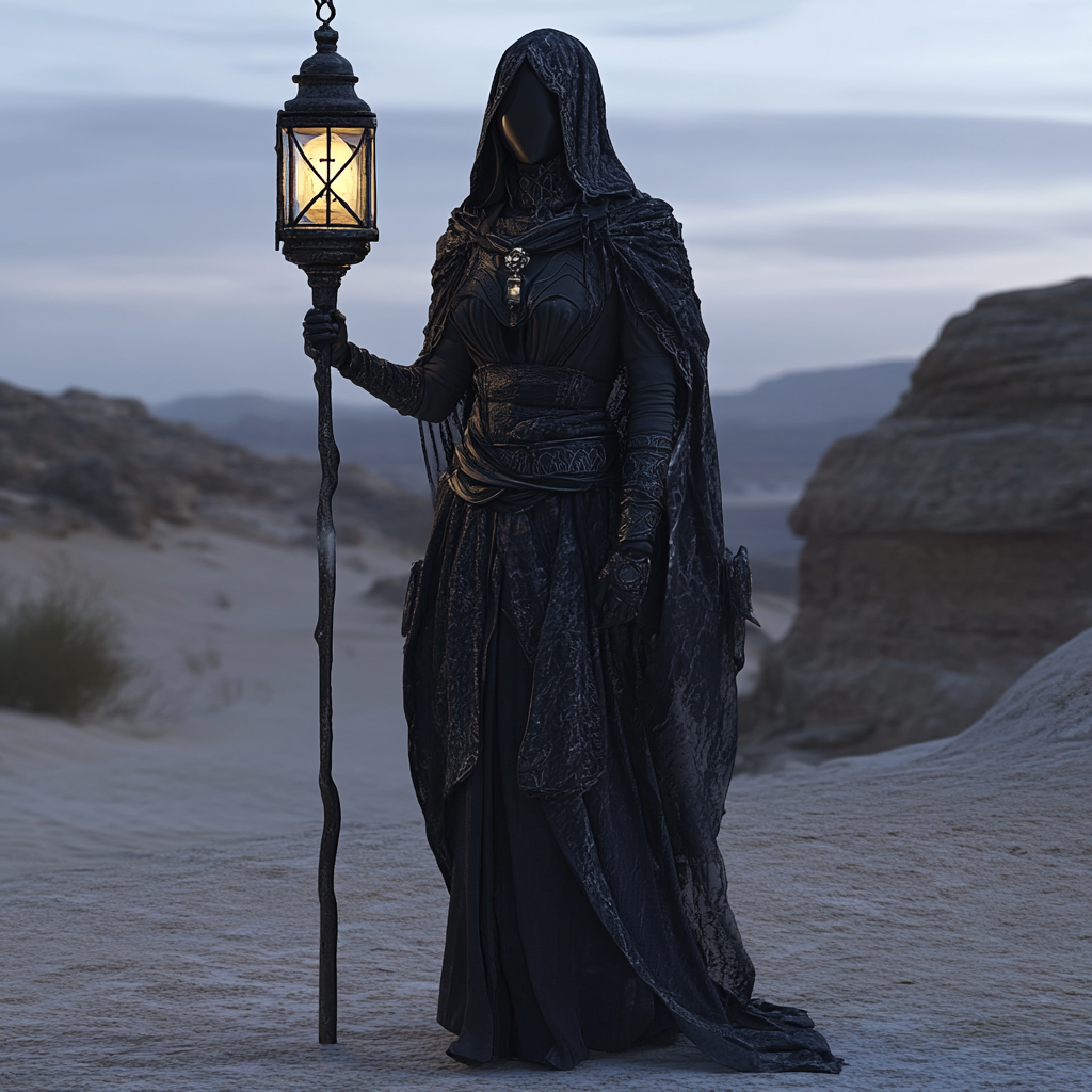 DND Cleric in Black Ritual Garb at Night