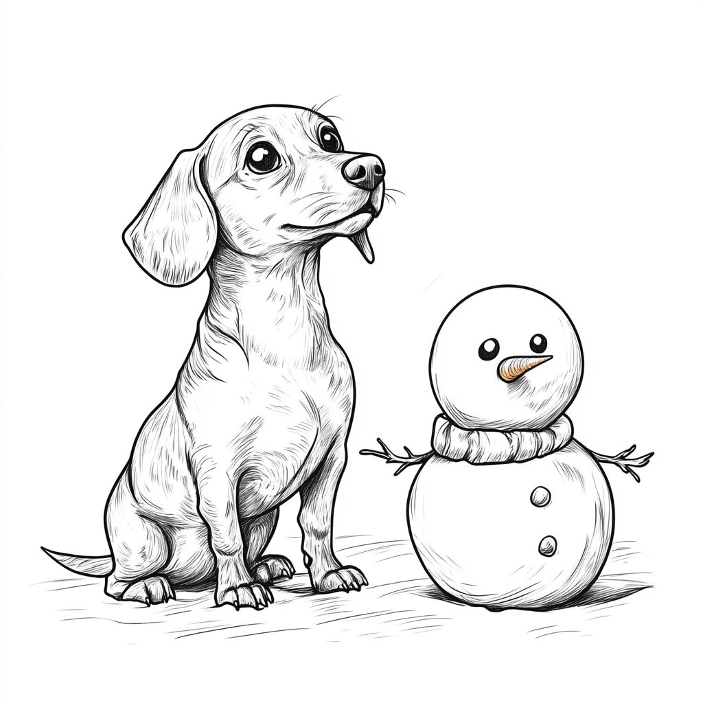 Dachshund and snowman in Christmas coloring book page.