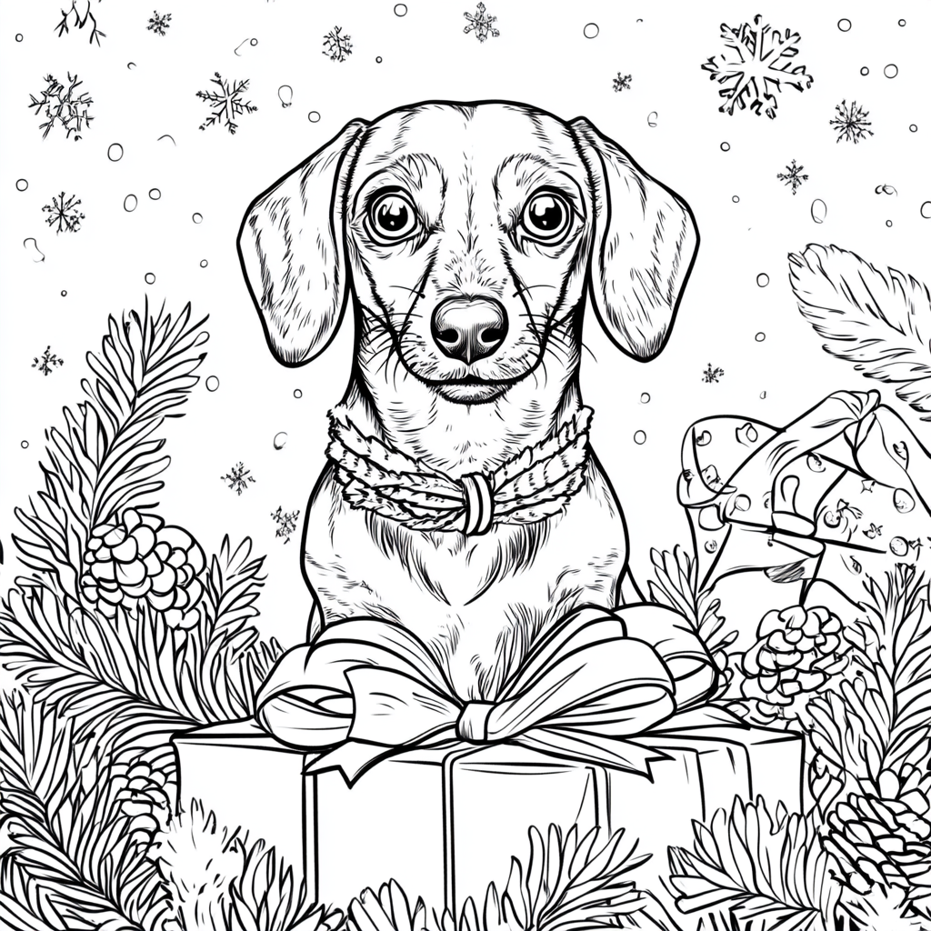 Dachshund dog in Christmas present coloring book page.