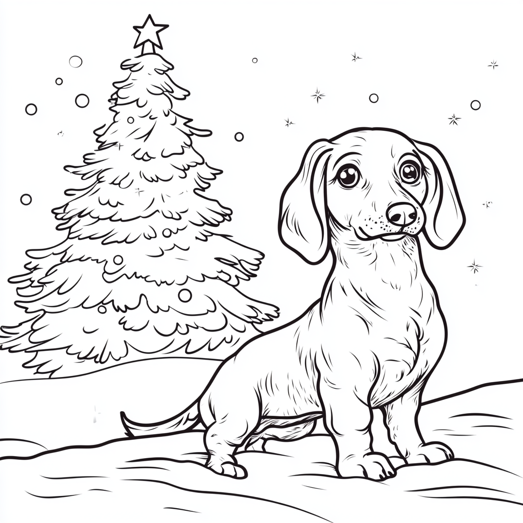 Dachshund playing in snow with Christmas tree in background.