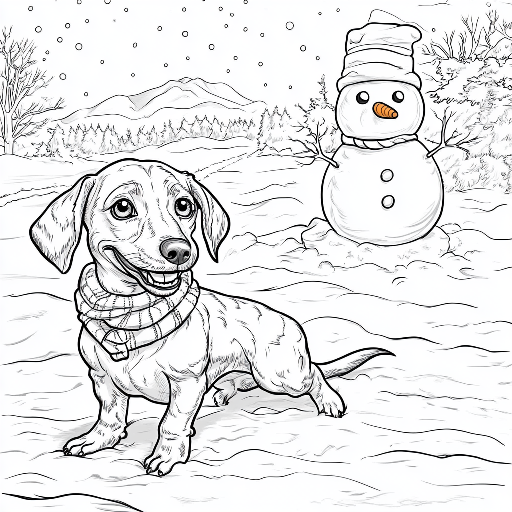 Dachshund playing with snowman, simple black and white.