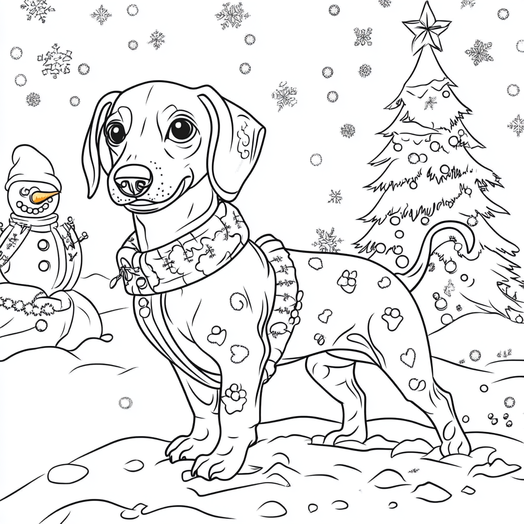 Dachshund with snowman in Christmas coloring book page