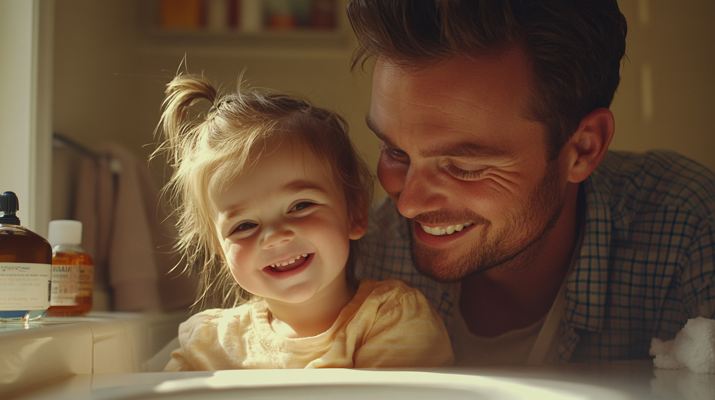 Dad Comforts Crying Daughter in Cozy Bathroom