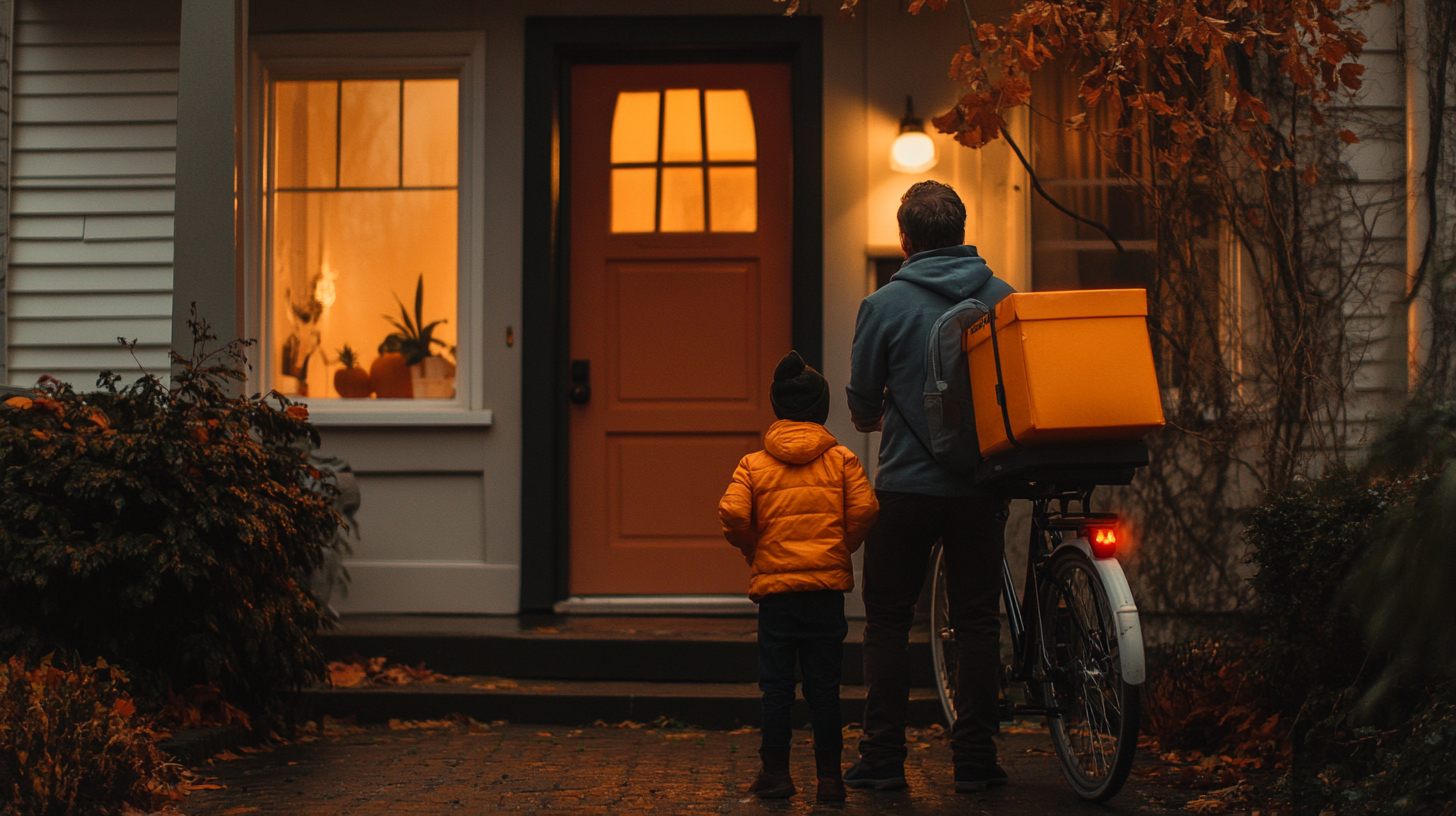 Dad and Son in Halloween Costumes Await Delivery