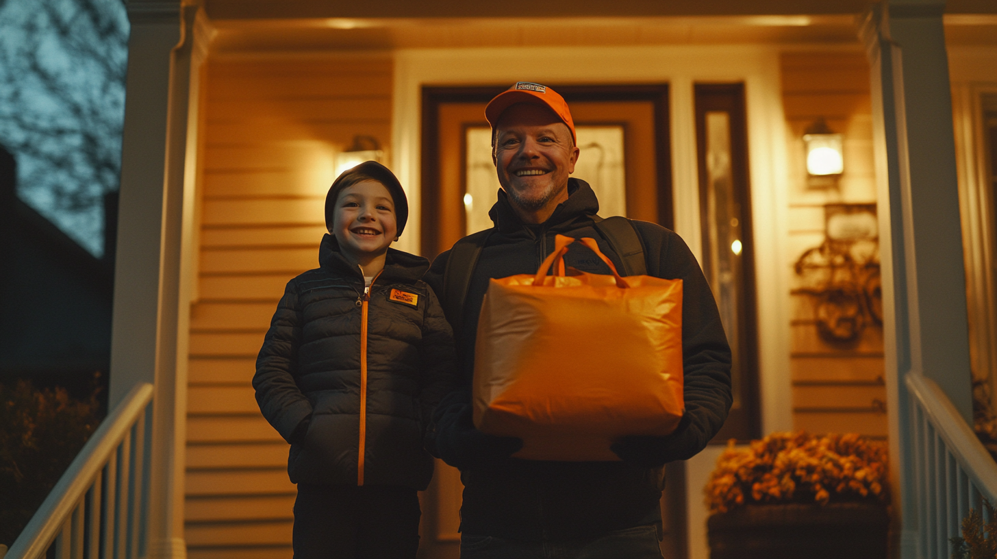 Dad and Son in Vampire Costumes with Delivery Person