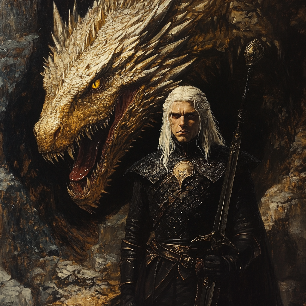 Daemon Targaryen, white hair, black tunic, sword, dragon.