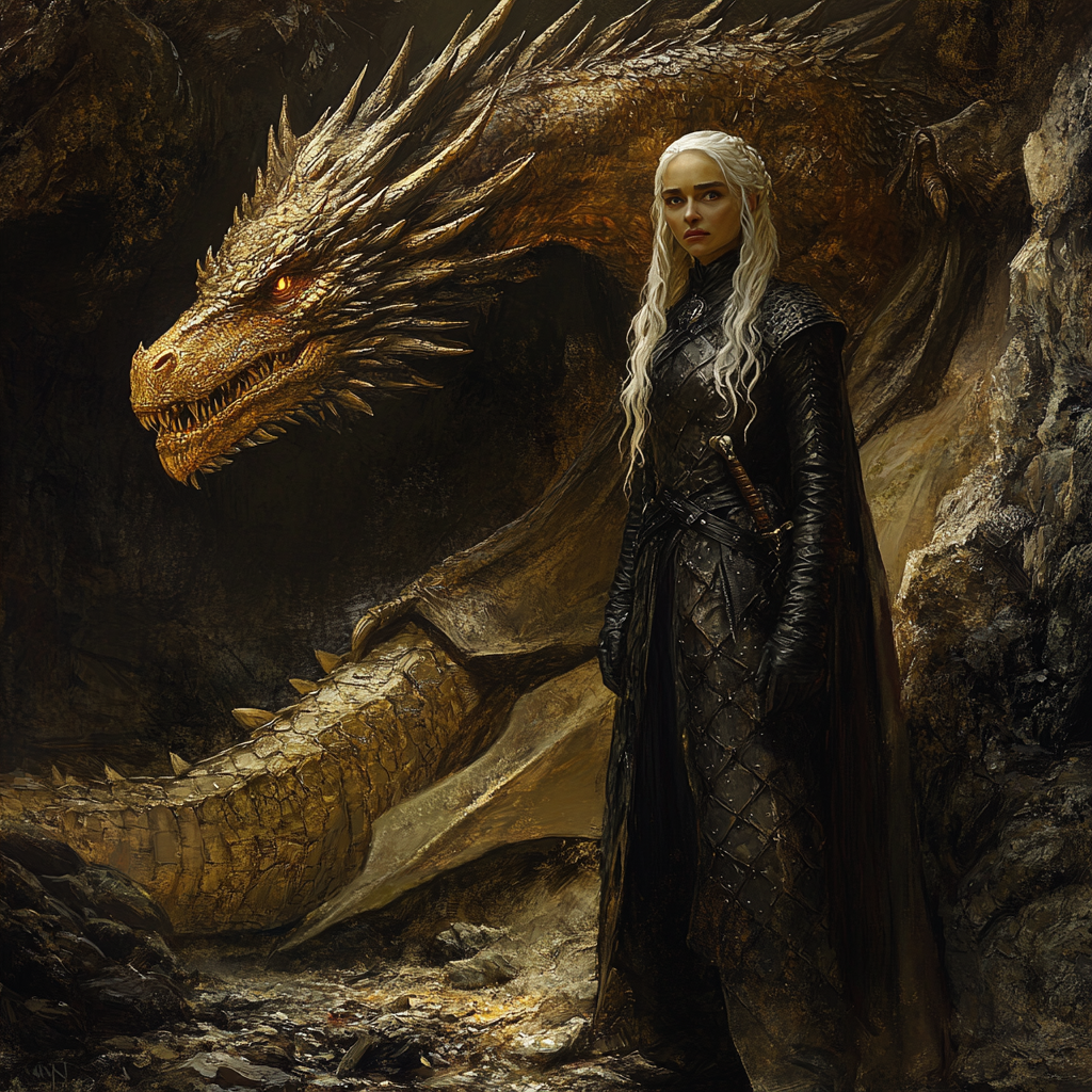 Daemon Targaryen in dark cave with golden dragon.