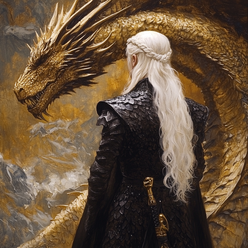 Daemon Targaryen in medieval setting with dragons.