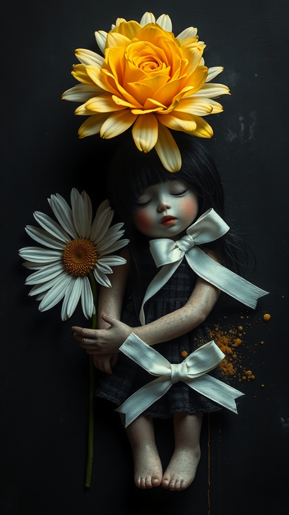 Daisy, Rose, and Broken Doll with Paint Splatters