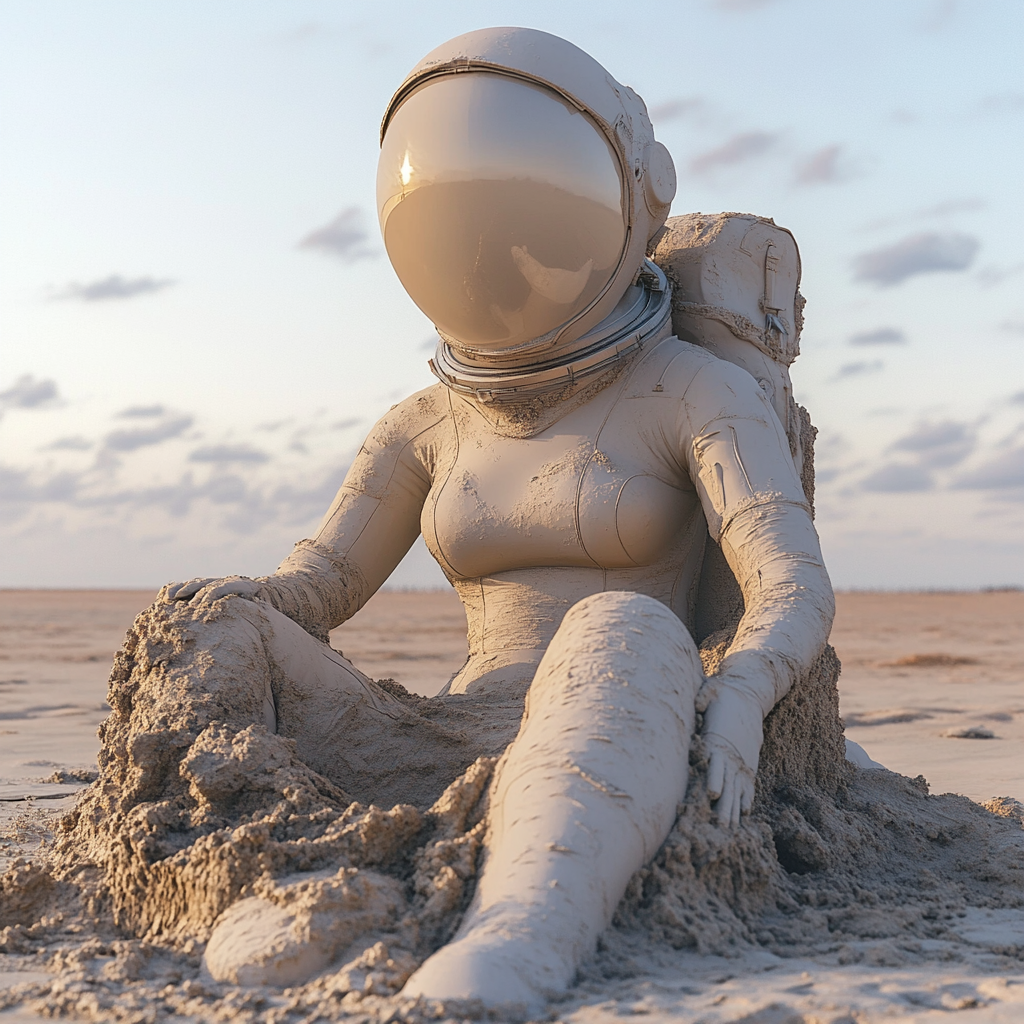 Dalí-style sand sculpture of astronaut woman at dawn