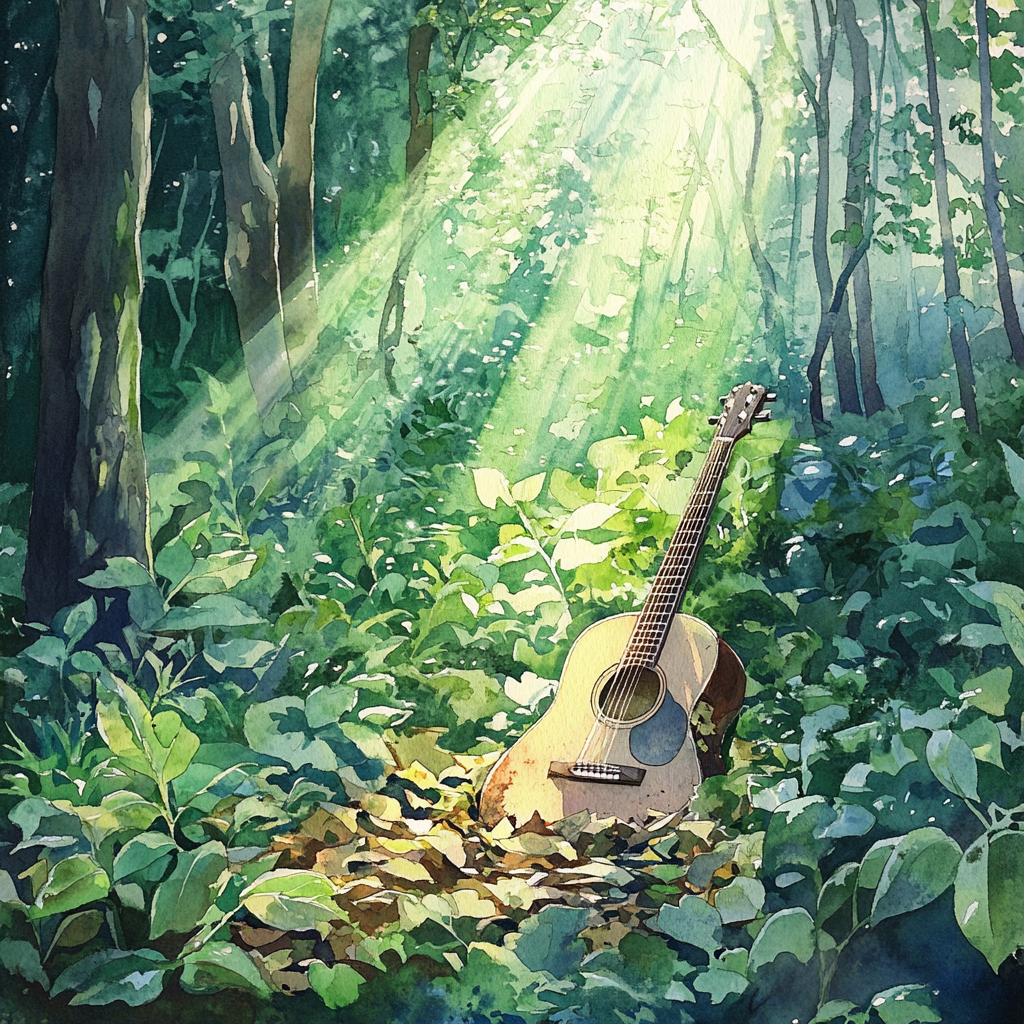 Damaged guitar hidden in enchanted forest sunlight