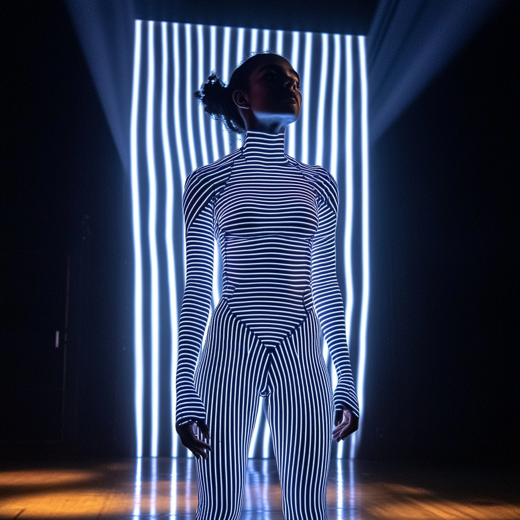 Dancer in Blue and White Striped Jumpsuit