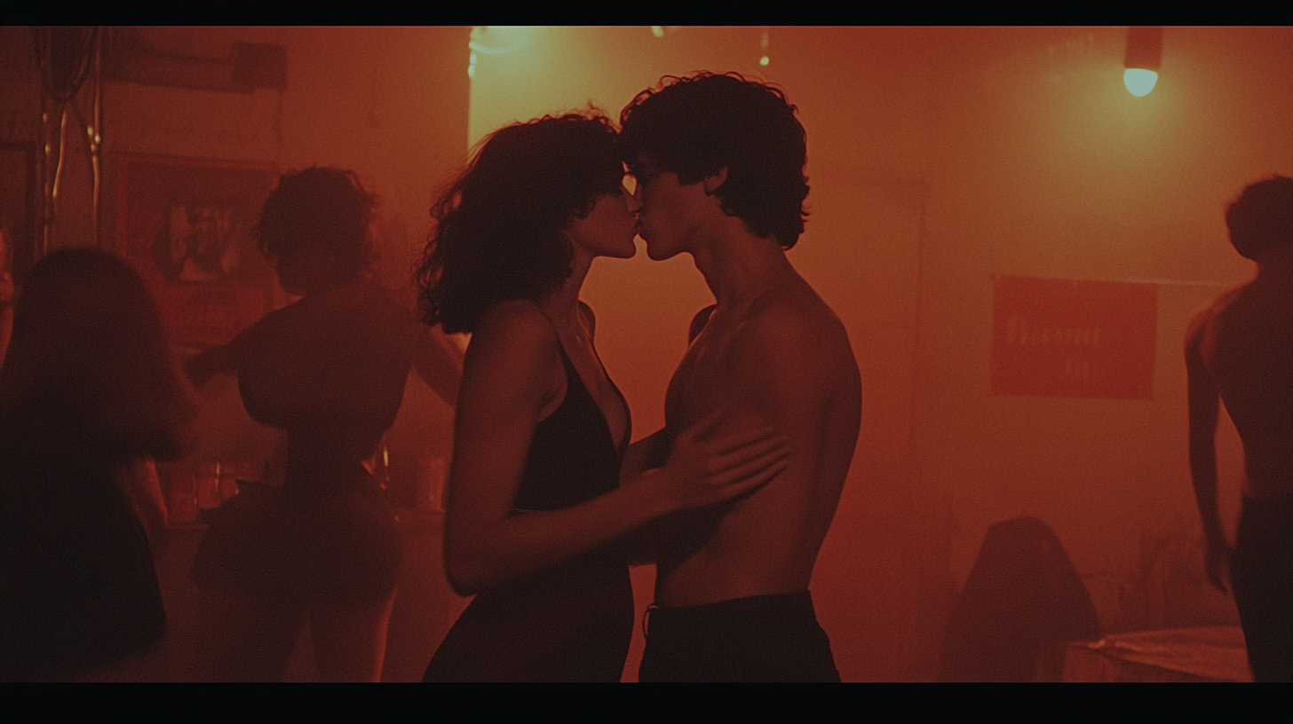 Dancing and Kissing in 70s Style Fashion Scene.