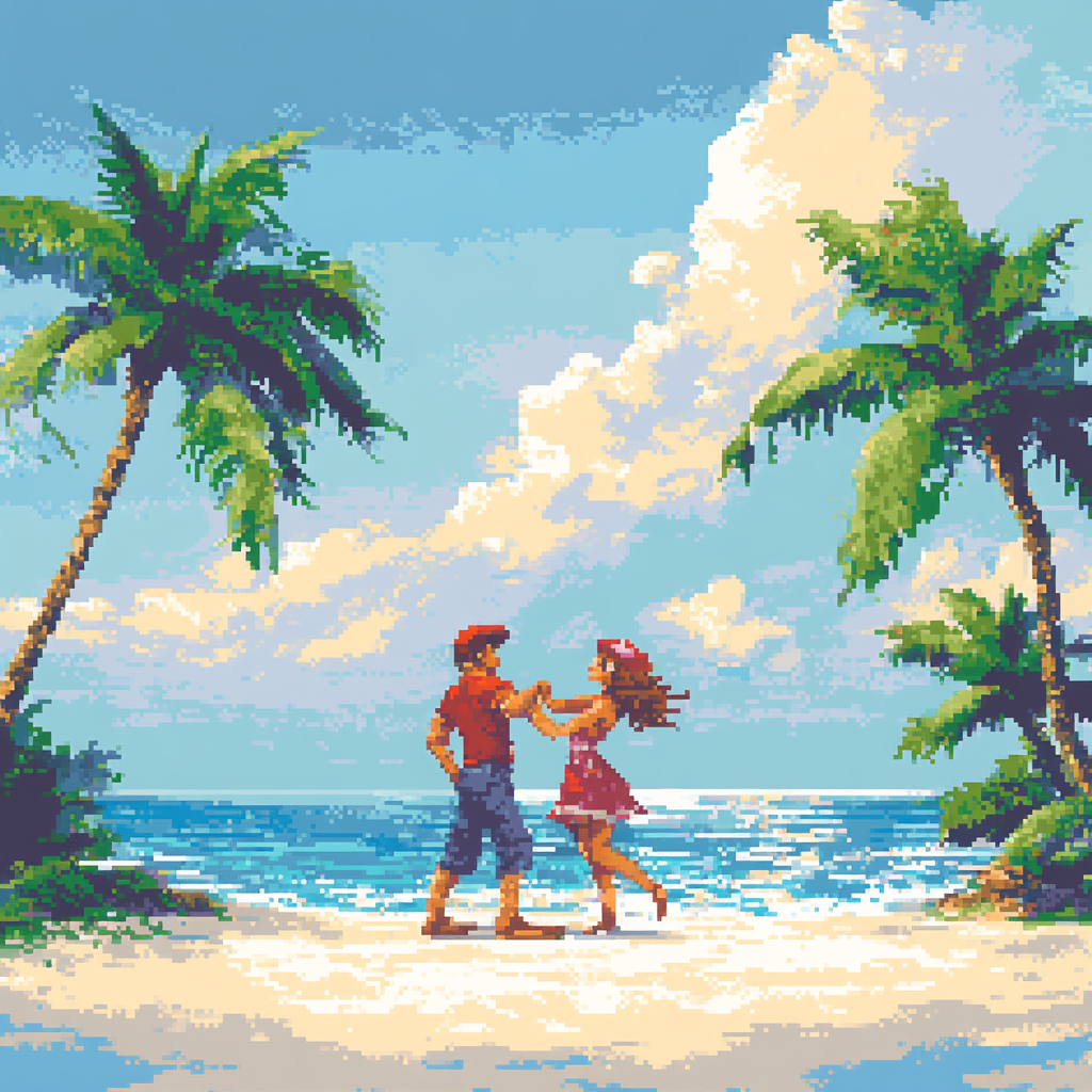 Dancing cartoon couple on beach in old video game