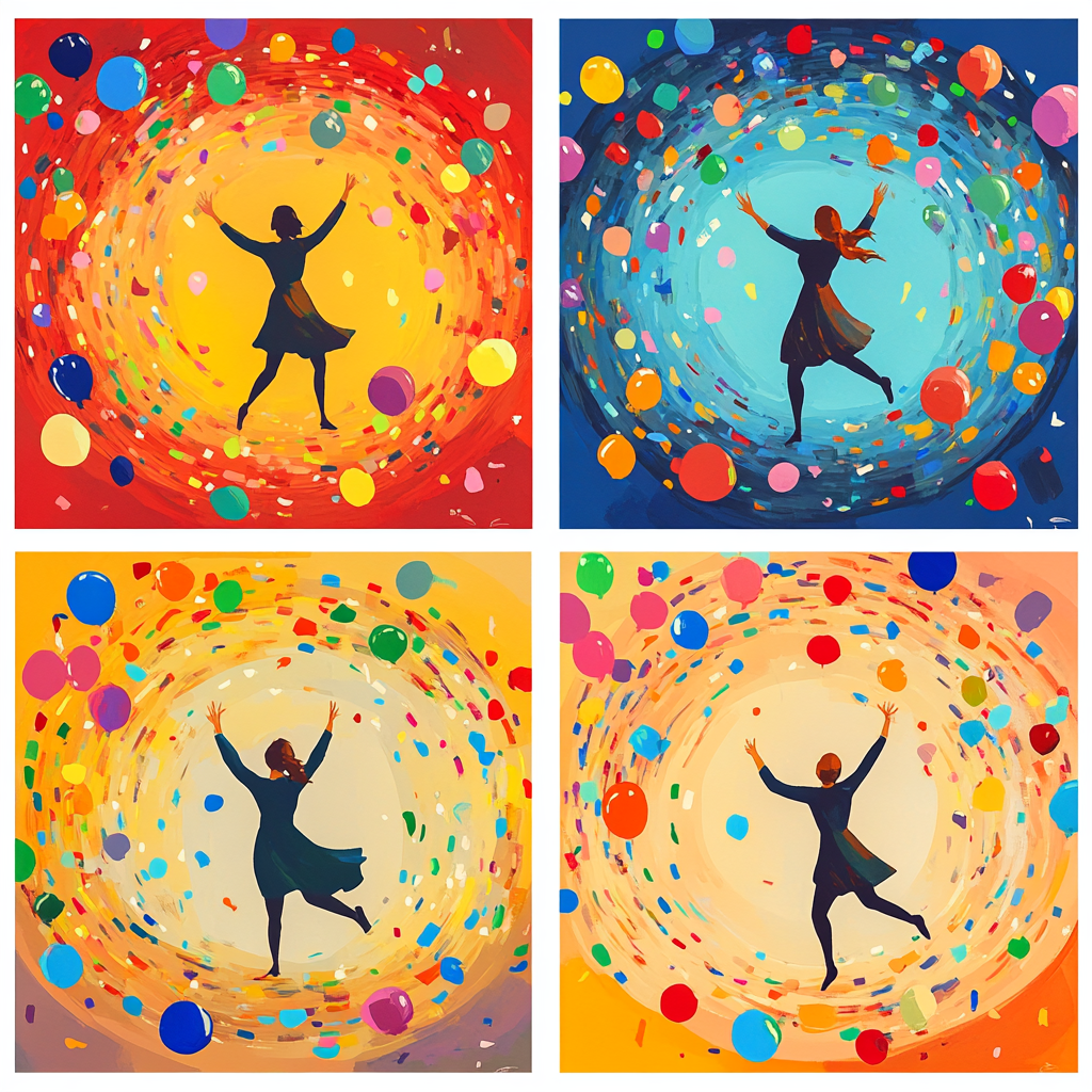 Dancing circle in colorful party with balloons and confetti.