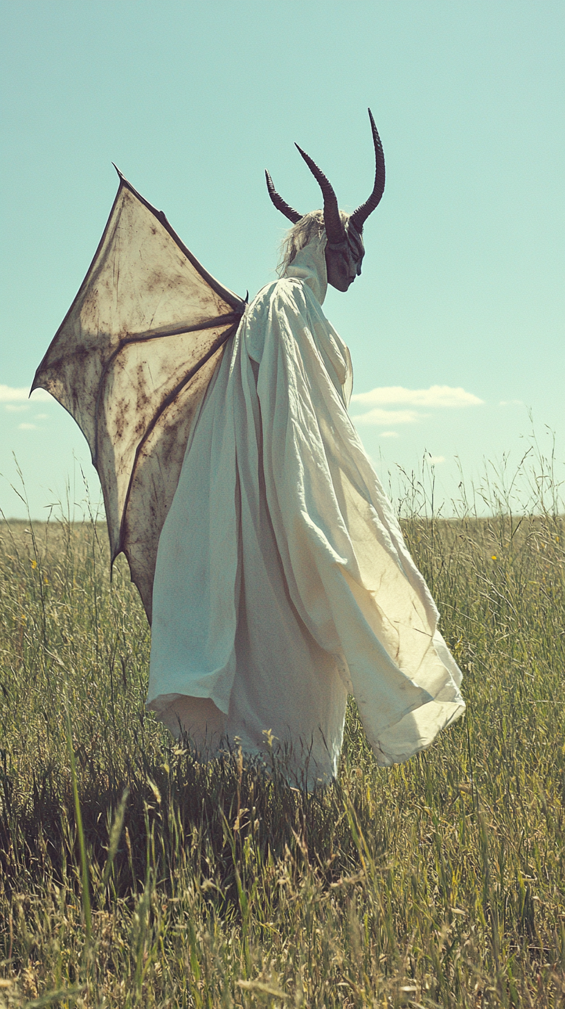 Dancing demon with wing in field under blue sky.