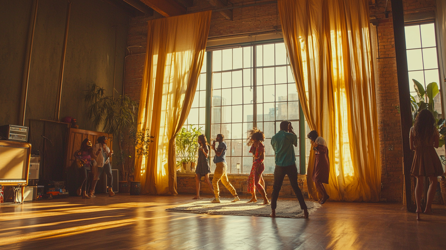 Dancing in cozy loft with warm colors.