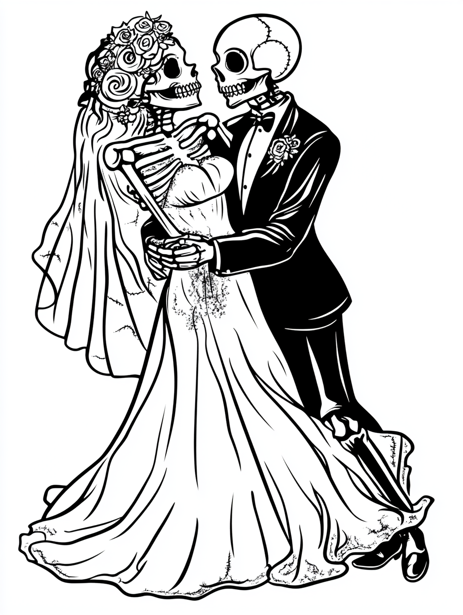 Dancing skeletons in wedding attire on coloring book page.