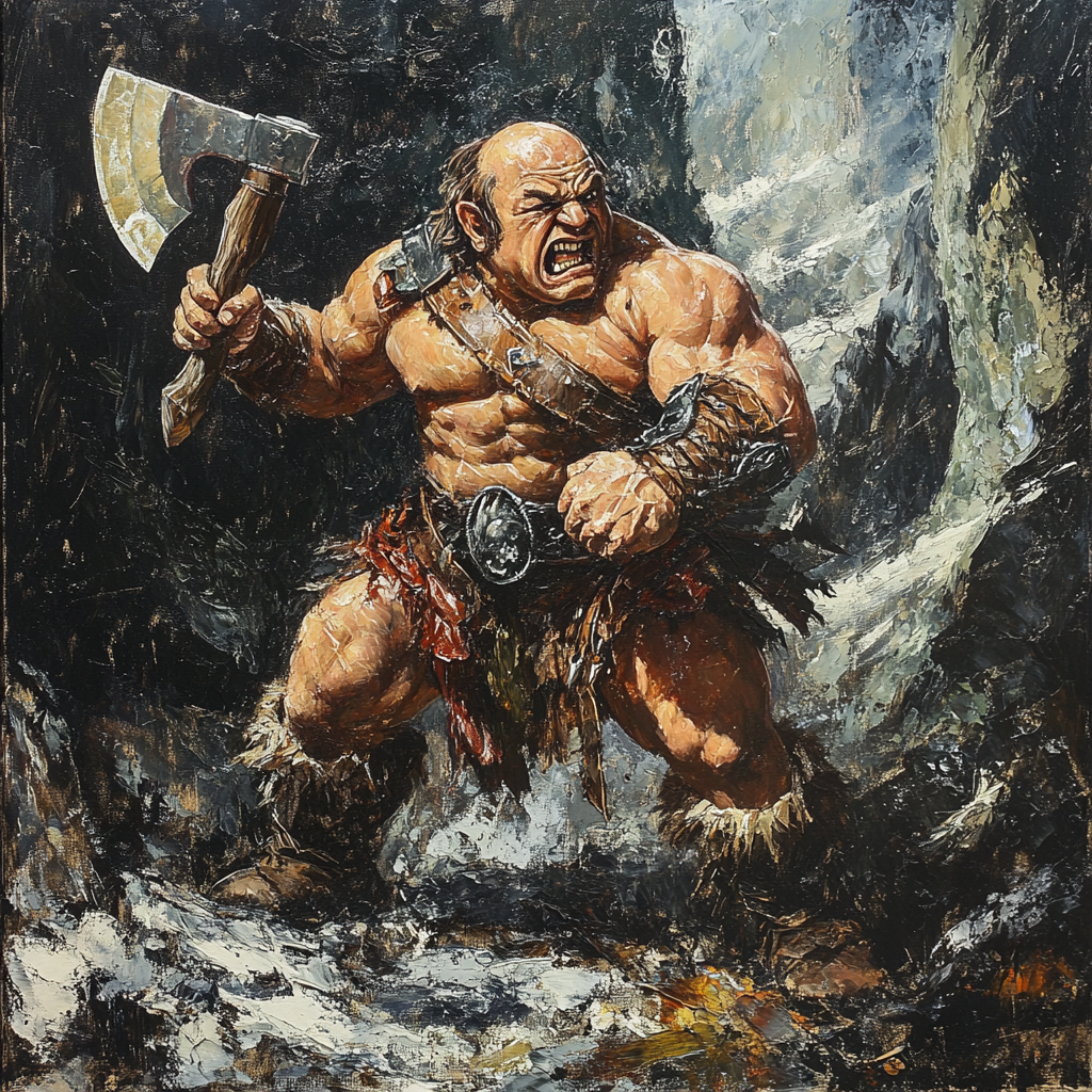 Danny DeVito as Mountain Dwarf Barbarian smashes orc