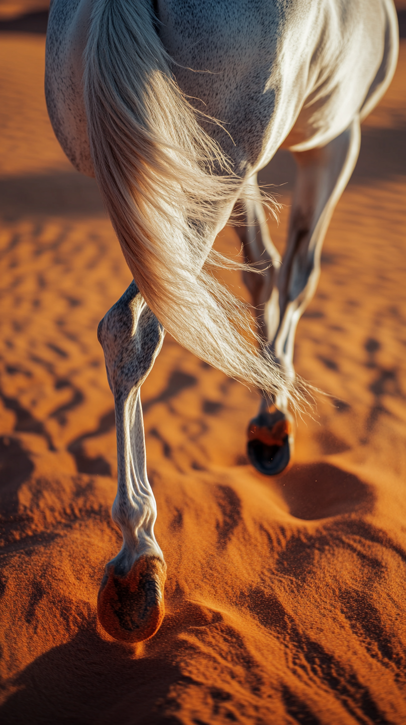 Dapple dark gray horse galloping in red desert.