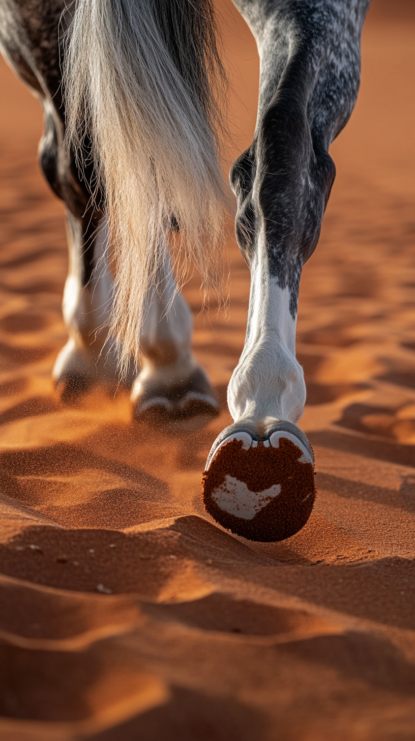 Dapple horse galloping in red desert under bright sun.