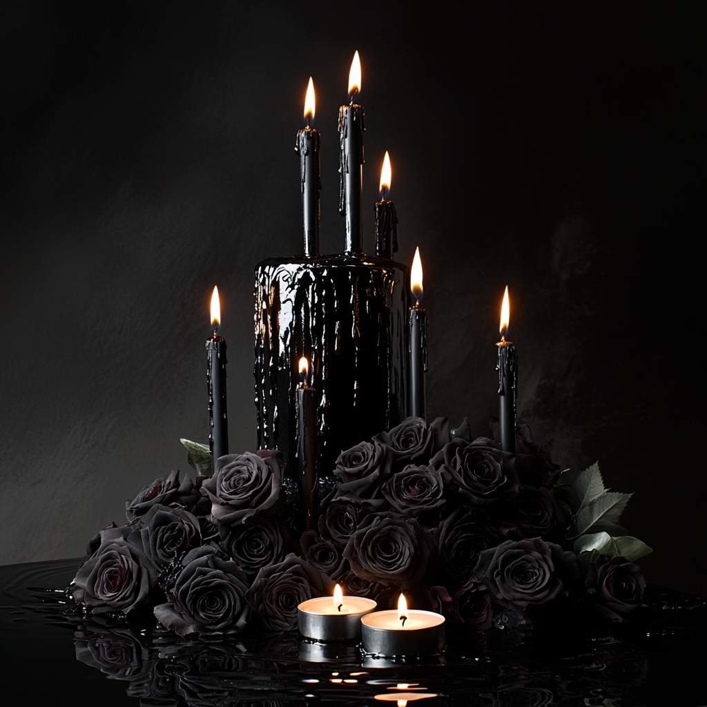 Dark, elegant, detailed floral arrangement with wine spill.