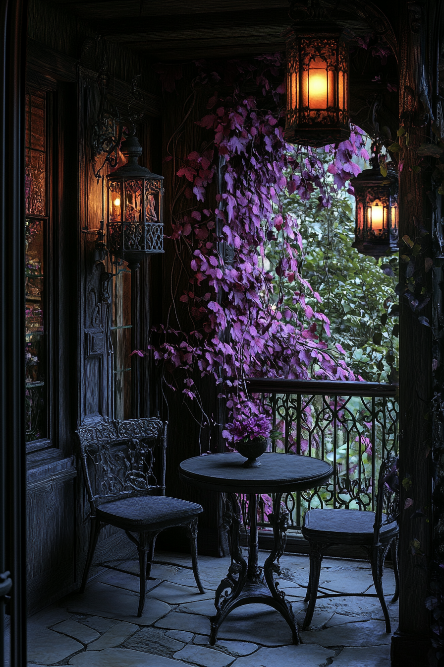 Dark, enchanted balcony with moonlit garden view. Nightshade vines.